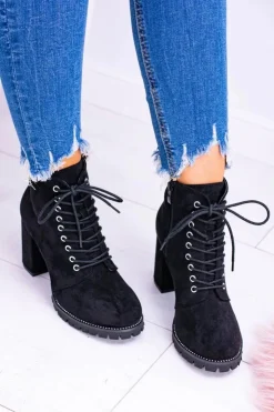 New Boto Lu Boo Czarne Zamszowe Botki na Słupku Cyrkonie Halsey