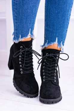 New Boto Lu Boo Czarne Zamszowe Botki na Słupku Cyrkonie Halsey