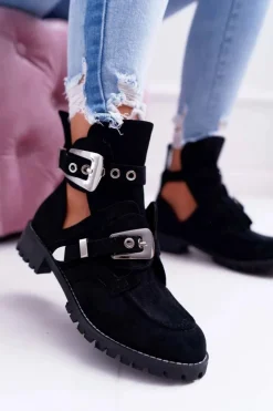 Damskie Boto Lu Boo Czarne Zamszowe Botki Z Wycięciami Rock Girl