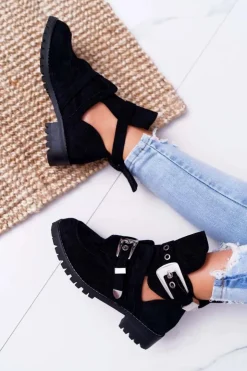 Damskie Boto Lu Boo Czarne Zamszowe Botki Z Wycięciami Rock Girl