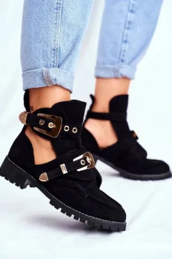 Damskie Boto Lu Boo Czarne Zamszowe Buty z Wycięciami Rock Girl