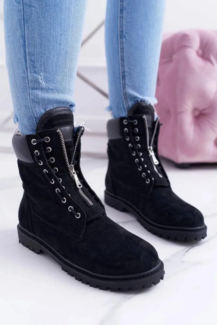 Discount Boto Lu Boo Czarne Zamszowe Damskie Timberki Trapery Suwaki Nancy