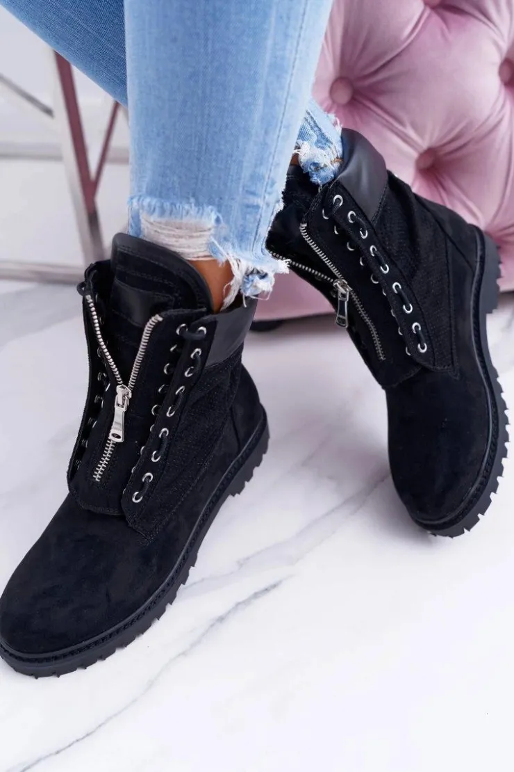 Discount Boto Lu Boo Czarne Zamszowe Damskie Timberki Trapery Suwaki Nancy