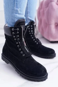 Discount Boto Lu Boo Czarne Zamszowe Damskie Timberki Trapery Suwaki Nancy