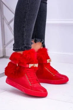 Boto Botki Na Koturnie|Botki Sznurowane*Lu Boo Czerwone Botki z Naturalnym Futrem Gisele