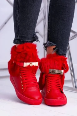 Boto Botki Na Koturnie|Botki Sznurowane*Lu Boo Czerwone Botki z Naturalnym Futrem Gisele