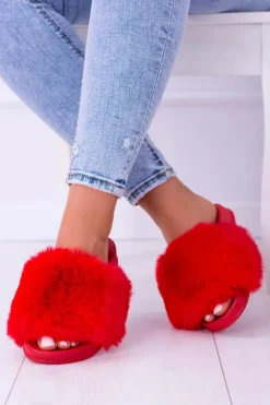 Damskie Boto Lu Boo Czerwone Damskie Klapki Z Futerkiem FUR XXL