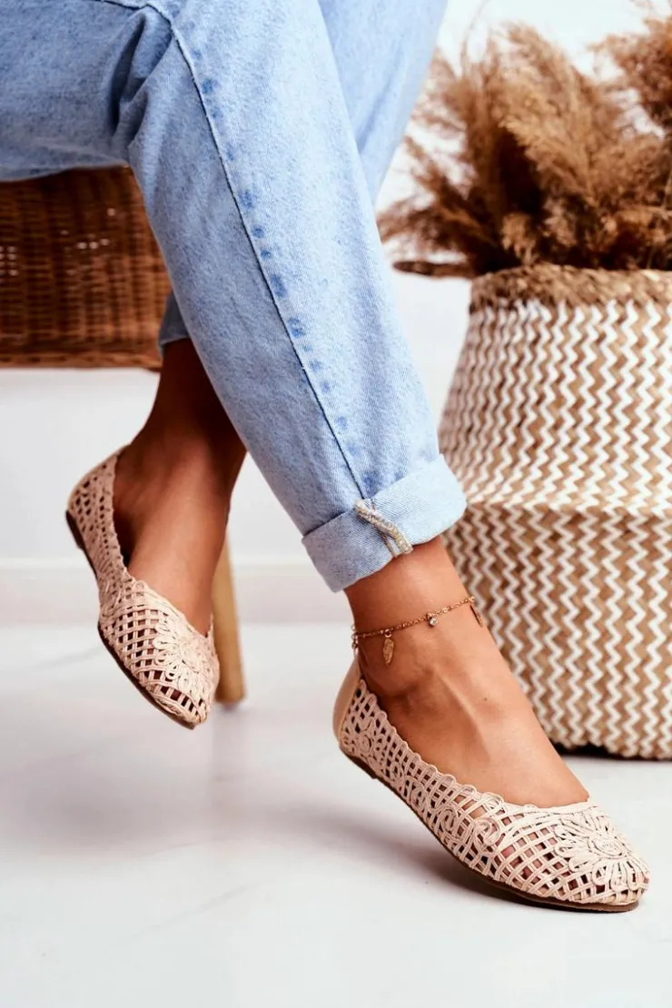 Discount Boto Lu Boo Damskie Baleriny Beżowe Ażurowe Plecione Carry