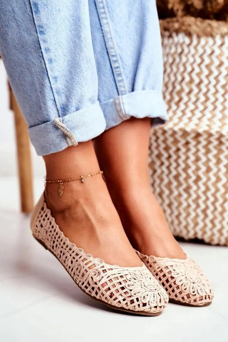 Discount Boto Lu Boo Damskie Baleriny Beżowe Ażurowe Plecione Carry