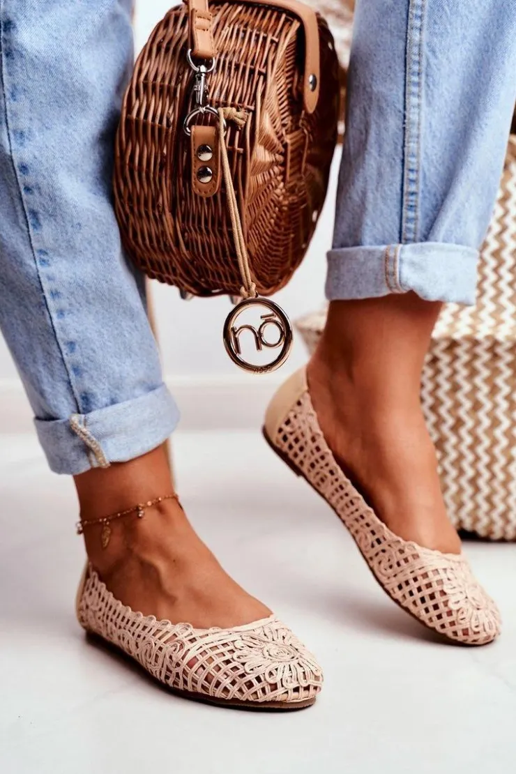 Discount Boto Lu Boo Damskie Baleriny Beżowe Ażurowe Plecione Carry