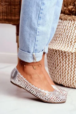 Discount Boto Lu Boo Damskie Baleriny Srebrne Ażurowe Plecione Carry