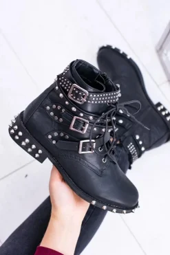 Boto Botki Sznurowane|Botki Płaskie*Lu Boo Damskie Botki Verona Z Ćwiekami Kolce Klamry Rock