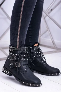 Boto Botki Sznurowane|Botki Płaskie*Lu Boo Damskie Botki Verona Z Ćwiekami Kolce Klamry Rock