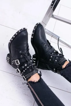 Boto Botki Sznurowane|Botki Płaskie*Lu Boo Damskie Botki Verona Z Ćwiekami Kolce Klamry Rock