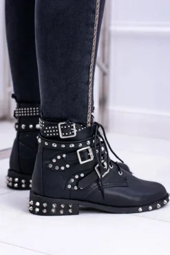 Boto Botki Sznurowane|Botki Płaskie*Lu Boo Damskie Botki Verona Z Ćwiekami Kolce Klamry Rock