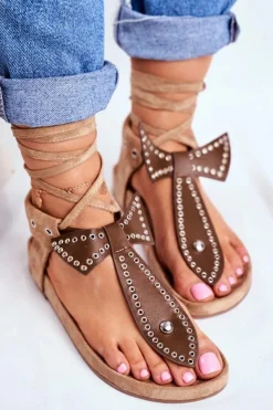 Damskie Boto Lu Boo Damskie Brązowe Wiązane Sandały Japonki Mara