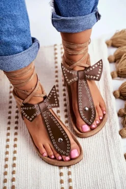 Damskie Boto Lu Boo Damskie Brązowe Wiązane Sandały Japonki Mara