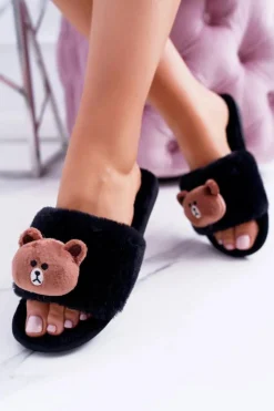 Hot Boto Lu Boo Damskie Czarne Pluszowe Klapki Z Misiem Teddy