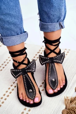 Boto Sandały Płaskie*Lu Boo Damskie Czarne Wiązane Sandały Japonki Mara