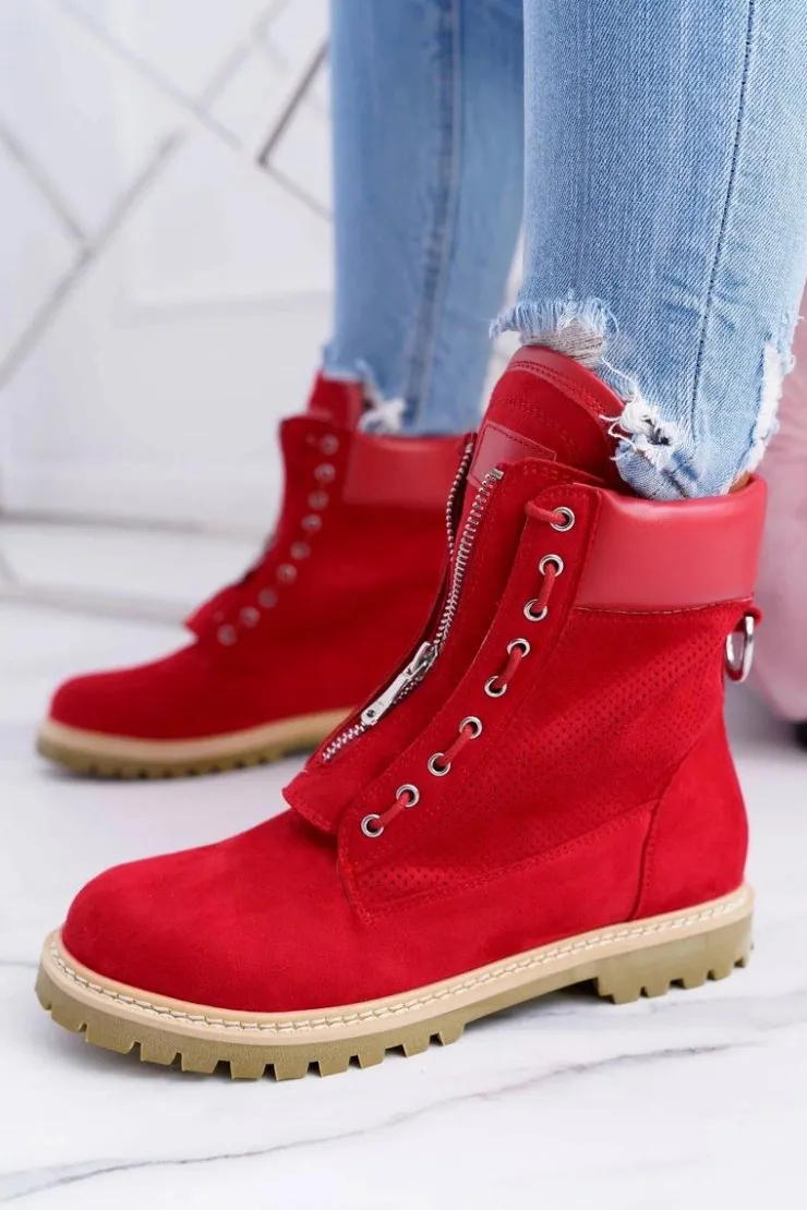 Boto Damskie Trapery|Czarne Botki*Lu Boo Damskie Czerwone Zamszowe Timberki Trapery Suwaki Nancy