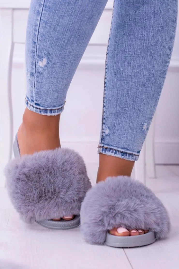 Boto Klapki Z Futerkiem|Klapki Damskie Klasyczne*Lu Boo Damskie Klapki Z Futerkiem Szare Fur XXL