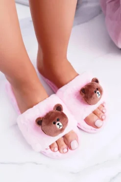 Outlet Boto Lu Boo Damskie Pluszowe Klapki Z Misiem Teddy Różowe