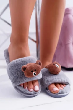 Damskie Boto Lu Boo Damskie Szare Pluszowe Klapki Z Misiem Teddy