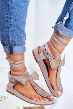 Boto Sandały Płaskie*Lu Boo Damskie Szare Wiązane Sandały Japonki Mara