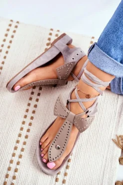 Boto Sandały Płaskie*Lu Boo Damskie Szare Wiązane Sandały Japonki Mara