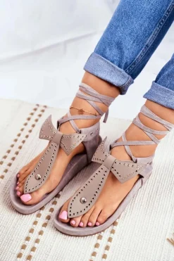 Boto Sandały Płaskie*Lu Boo Damskie Szare Wiązane Sandały Japonki Mara