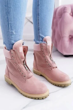 Damskie Boto Lu Boo Damskie Zamszowe Timberki Pudrowy Róż Trapery Suwaki Nancy