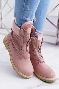 Damskie Boto Lu Boo Damskie Zamszowe Timberki Pudrowy Róż Trapery Suwaki Nancy