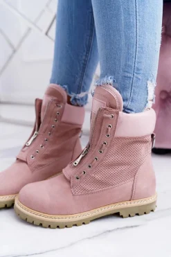 Damskie Boto Lu Boo Damskie Zamszowe Timberki Pudrowy Róż Trapery Suwaki Nancy