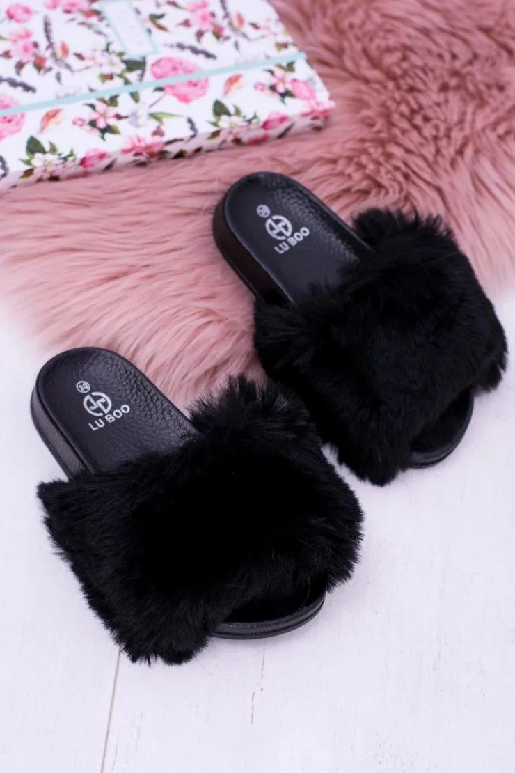 New Boto Lu Boo Dziecięce Czarne Klapki Z Futerkiem Fur XXL Poli