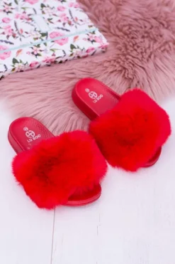 Damskie Boto Lu Boo Dziecięce Czerwone Klapki Z Futerkiem Fur XXL Poli