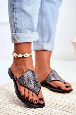 Boto Klapki Damskie Japonki*Lu Boo Gumowe Damskie Klapki Czarne Japonki Z Cekinami Anika