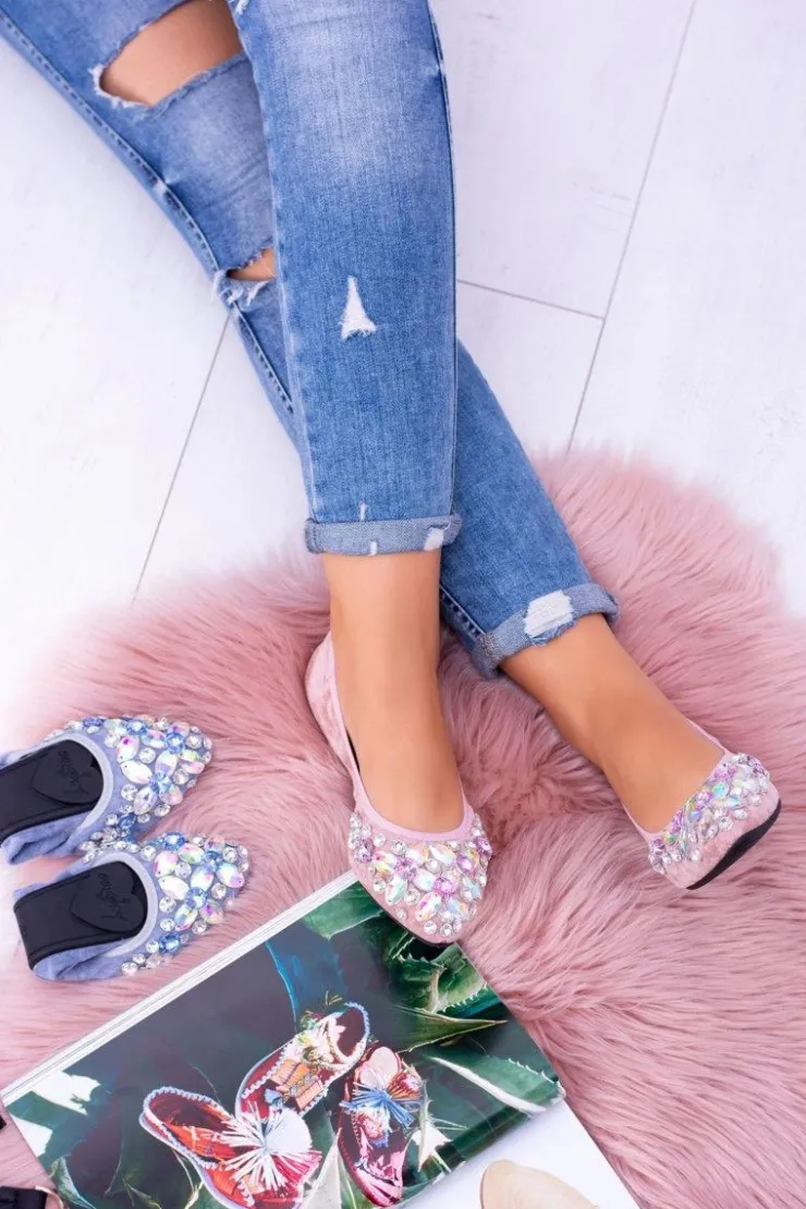 Damskie Boto Lu Boo Różowe Zamszowe Balerinki na Gumce Kamienie Even