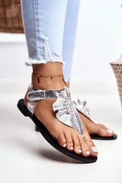 Boto Sandały Płaskie*Lu Boo Sandałki Metaliczne Japonki Na Rzepy Lottie