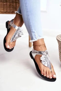 Boto Sandały Płaskie*Lu Boo Sandałki Metaliczne Japonki Na Rzepy Lottie