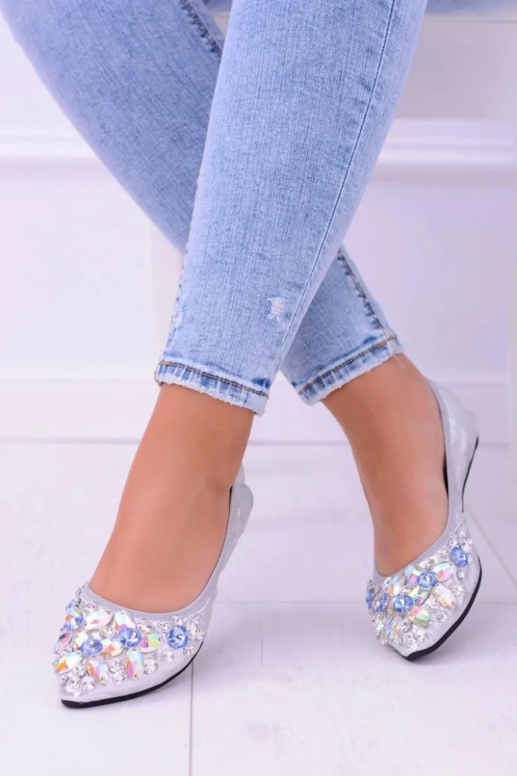 Damskie Boto Lu Boo Srebrne Balerinki na Gumce Kamienie Even