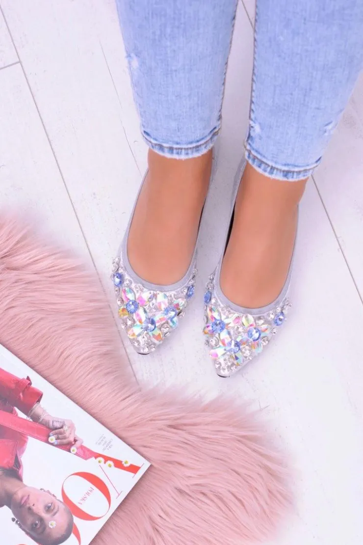 Damskie Boto Lu Boo Srebrne Balerinki na Gumce Kamienie Even