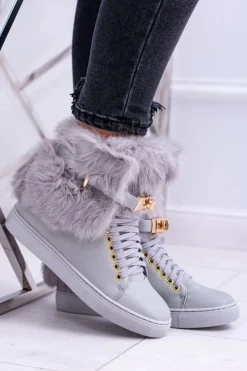 Damskie Boto Lu Boo Szare Botki z Naturalnym Futrem Gisele