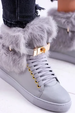Damskie Boto Lu Boo Szare Botki z Naturalnym Futrem Gisele
