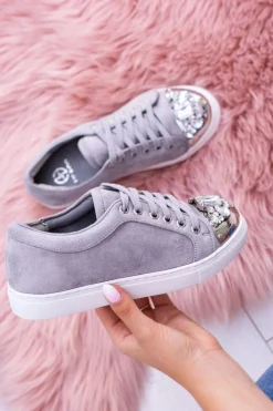 Damskie Boto Lu Boo Szare Trampki z Błyszczącymi Kryształami