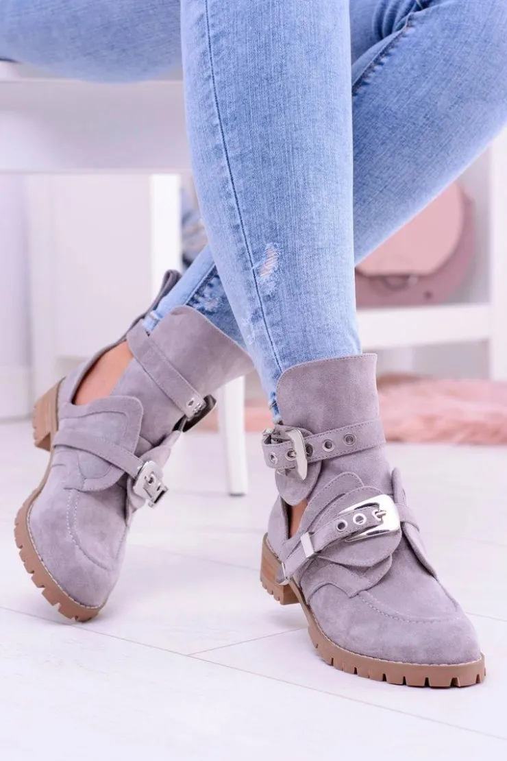 Boto Botki Płaskie*Lu Boo Szare Zamszowe Botki Z Wycięciami Rock Girl