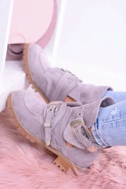 Boto Botki Płaskie*Lu Boo Szare Zamszowe Botki Z Wycięciami Rock Girl