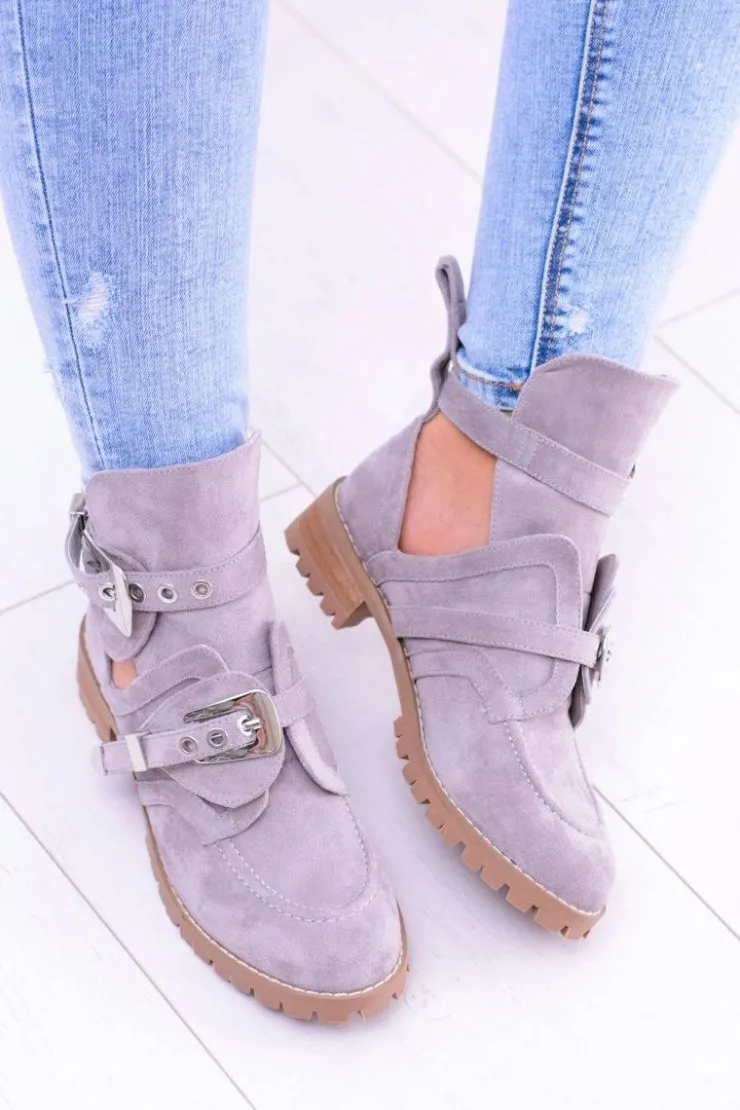 Boto Botki Płaskie*Lu Boo Szare Zamszowe Botki Z Wycięciami Rock Girl