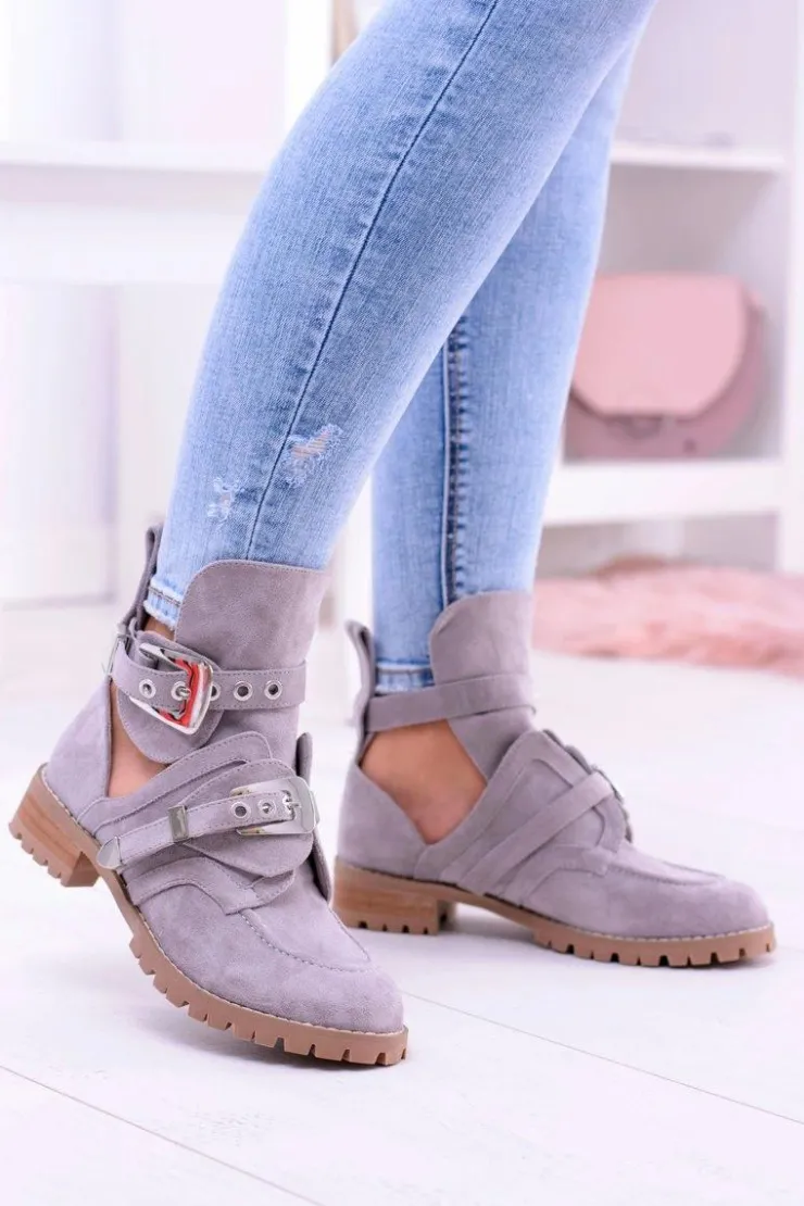 Boto Botki Płaskie*Lu Boo Szare Zamszowe Botki Z Wycięciami Rock Girl