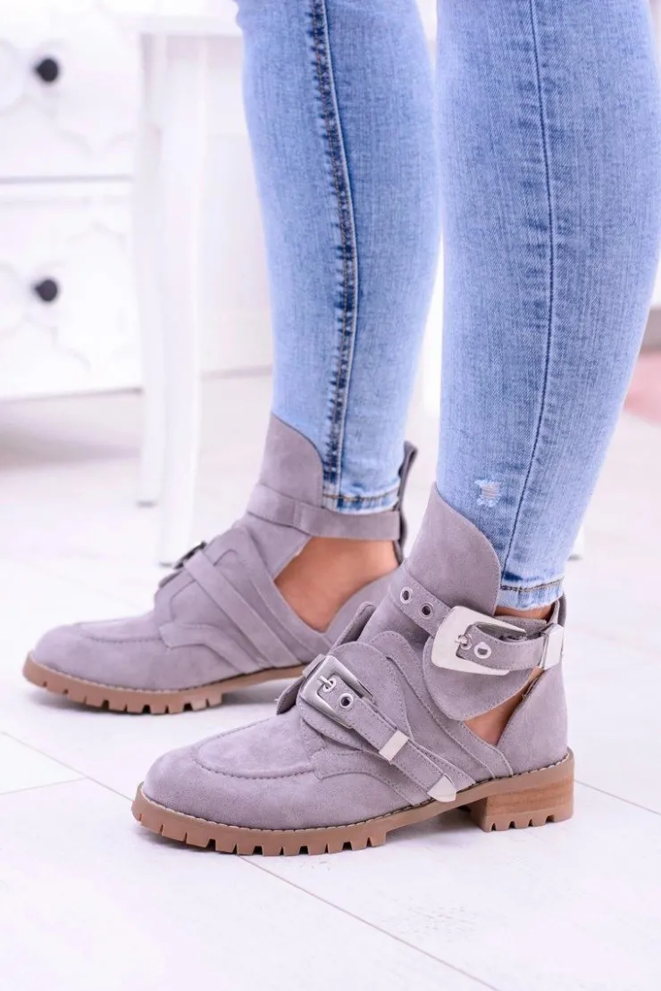 Boto Botki Płaskie*Lu Boo Szare Zamszowe Botki Z Wycięciami Rock Girl