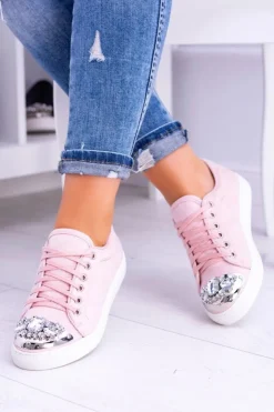 Boto Trampki Damskie Niskie*Lu Boo Trampki z Błyszczącymi Kryształami Pudrowy Róż